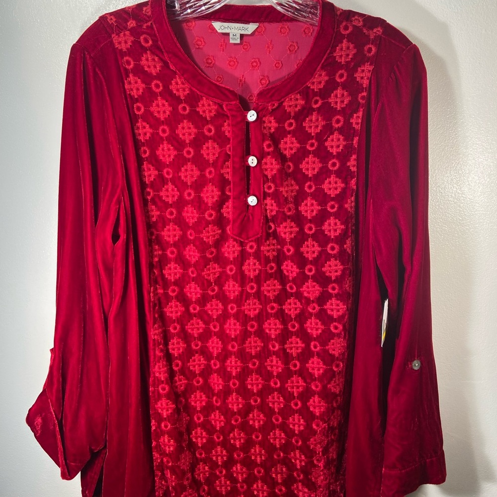 NWT John Mark Crimson Velvet Embroidered Tunic-M